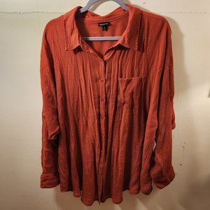 Torrid - Gauze Button Front Relaxed Fit Tunic Shirt - Red Terracotta - 2X